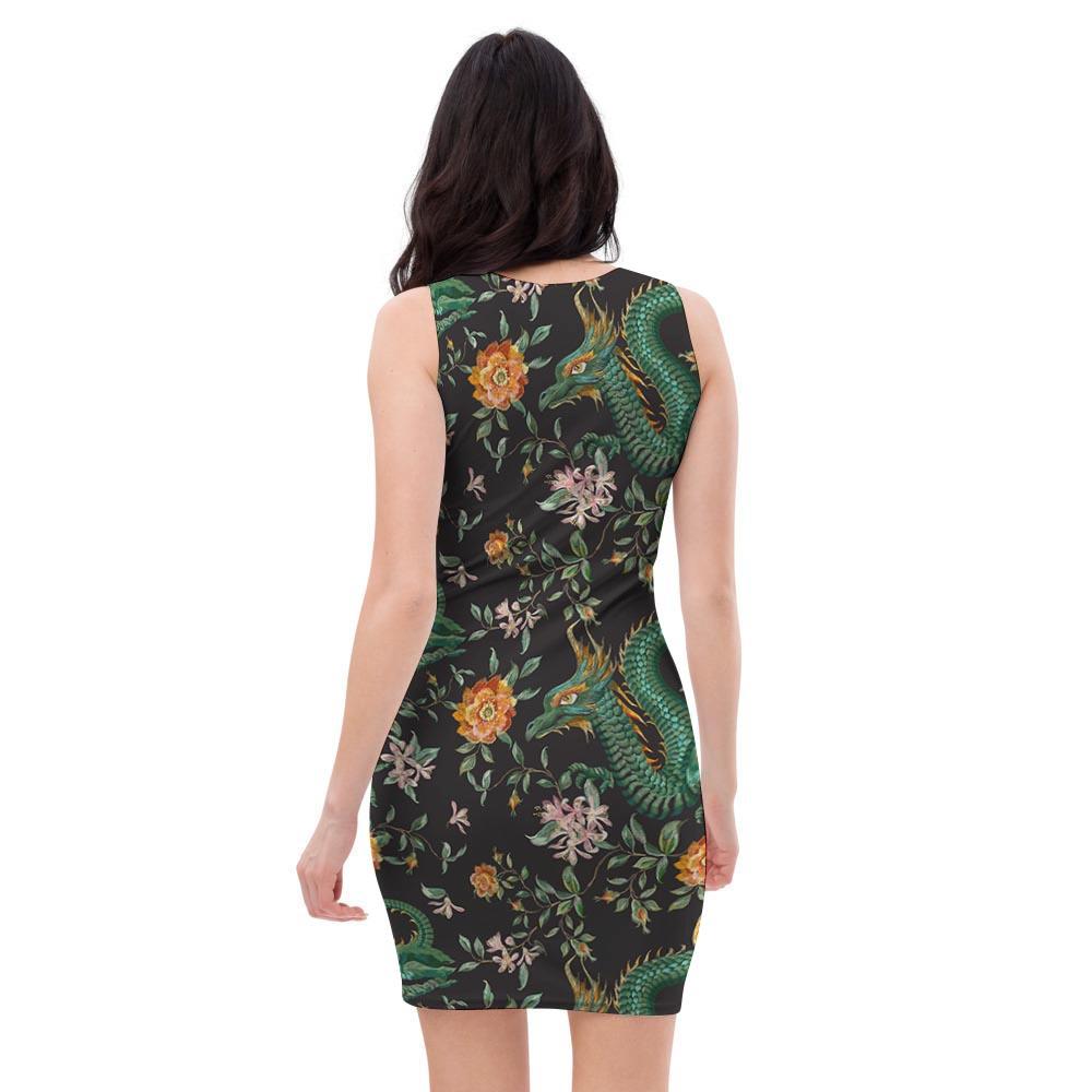 Chinese Green Dragon Print Bodycon Dress-grizzshop
