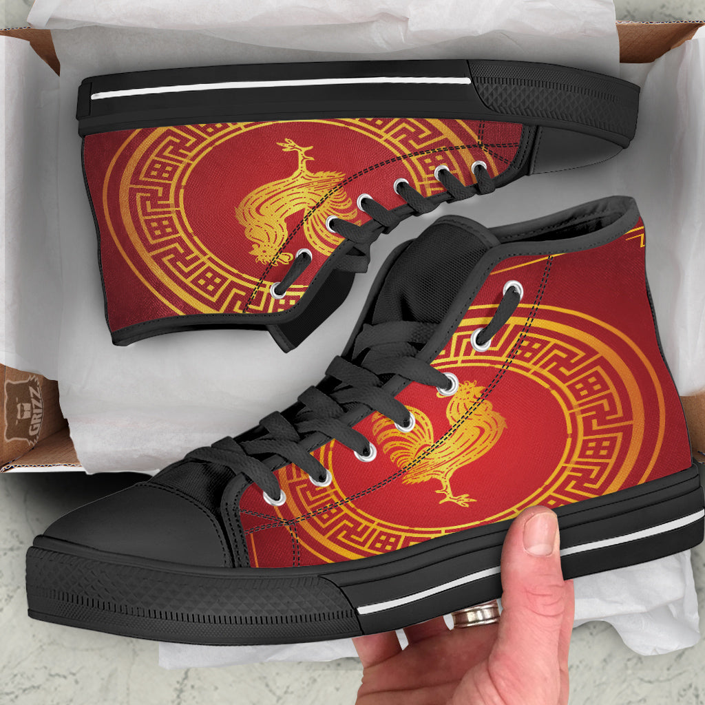 Chinese New Year Rooster Print Black High Top Shoes-grizzshop