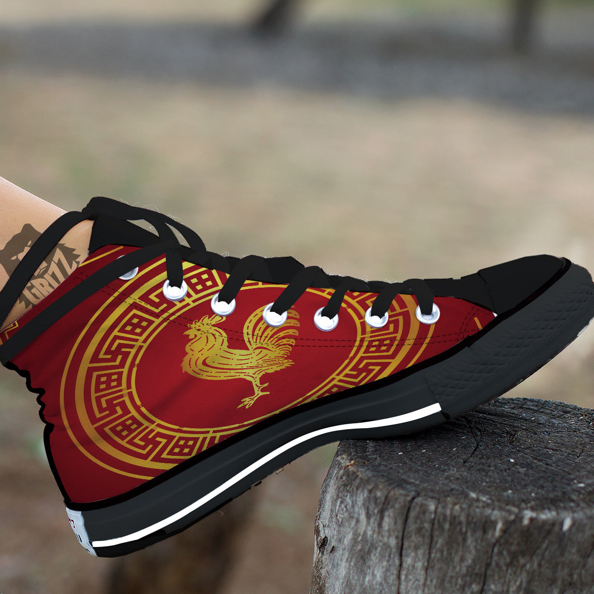 Chinese New Year Rooster Print Black High Top Shoes-grizzshop
