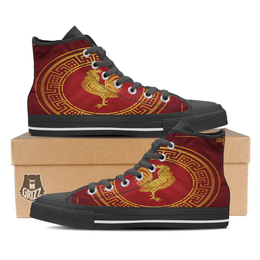 Chinese New Year Rooster Print Black High Top Shoes-grizzshop