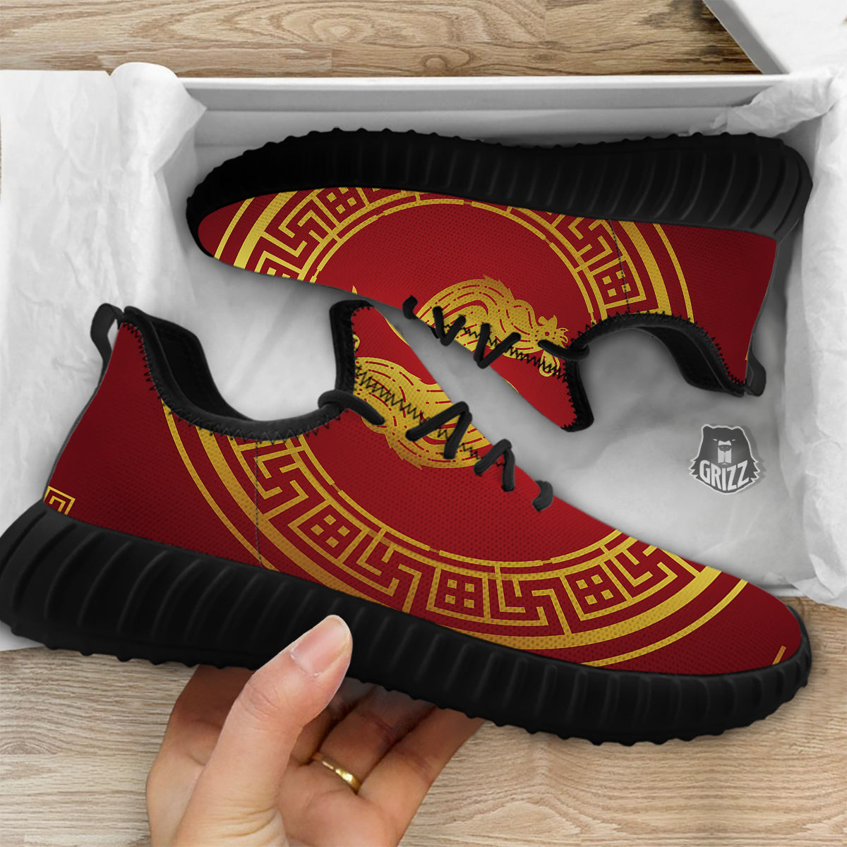 Chinese New Year Rooster Print Black Walking Shoes-grizzshop