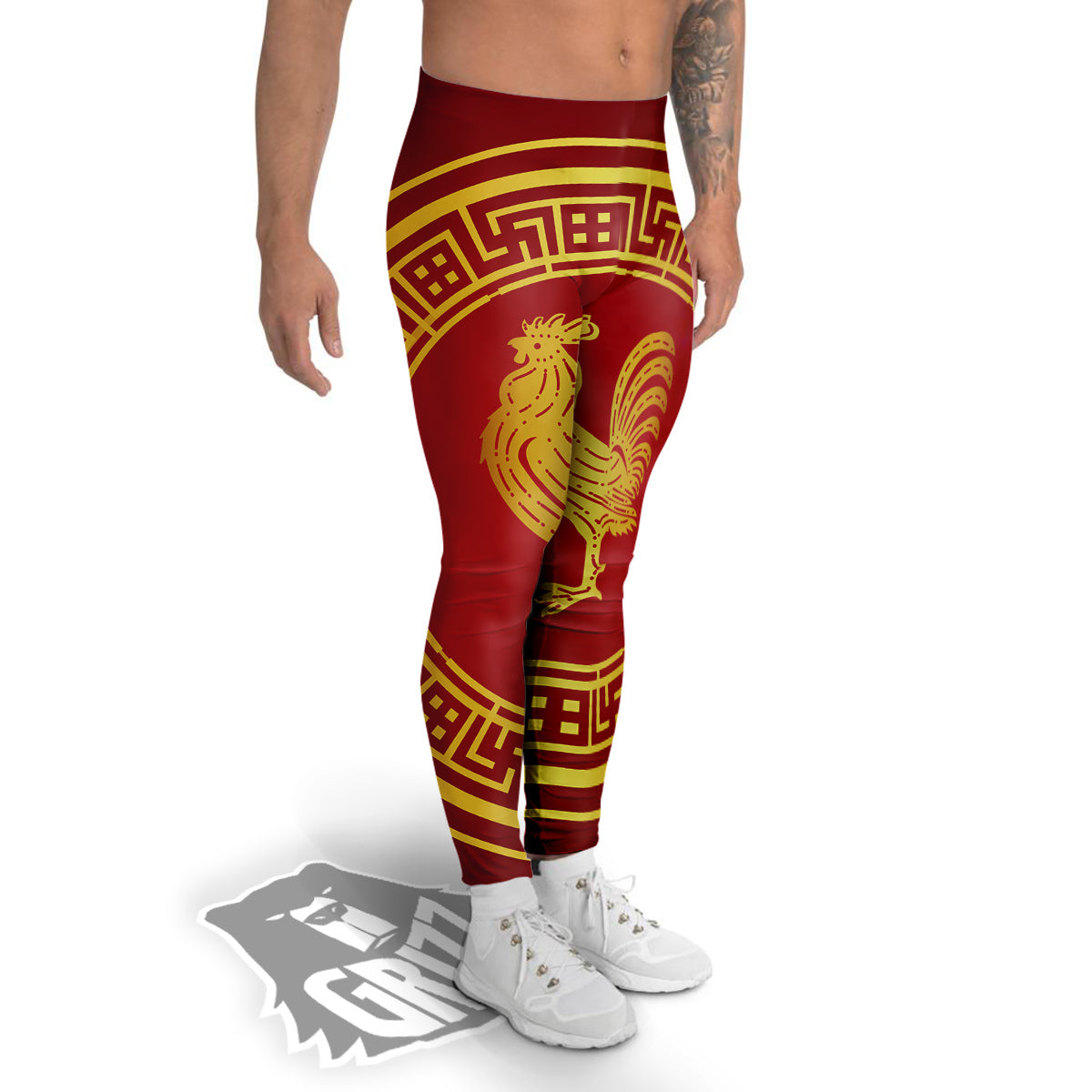 Chinese New Year Rooster Print Men's Leggings-grizzshop