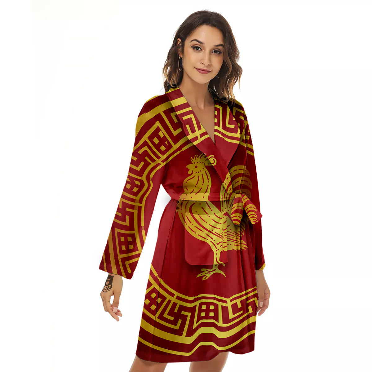 Chinese New Year Rooster Print Women's Robe-grizzshop