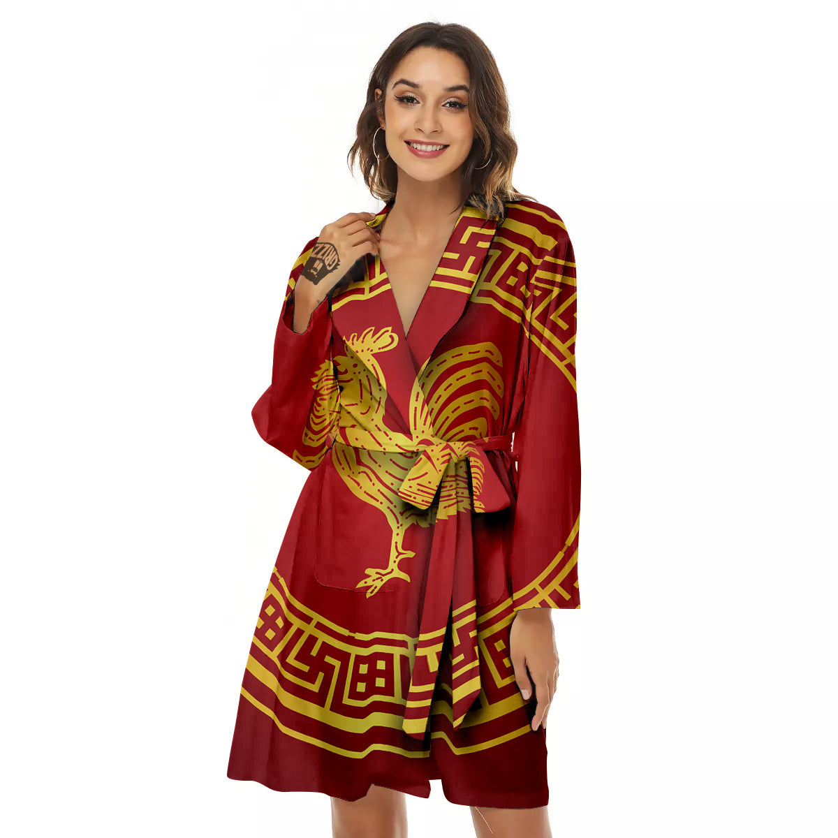 Chinese New Year Rooster Print Women's Robe-grizzshop