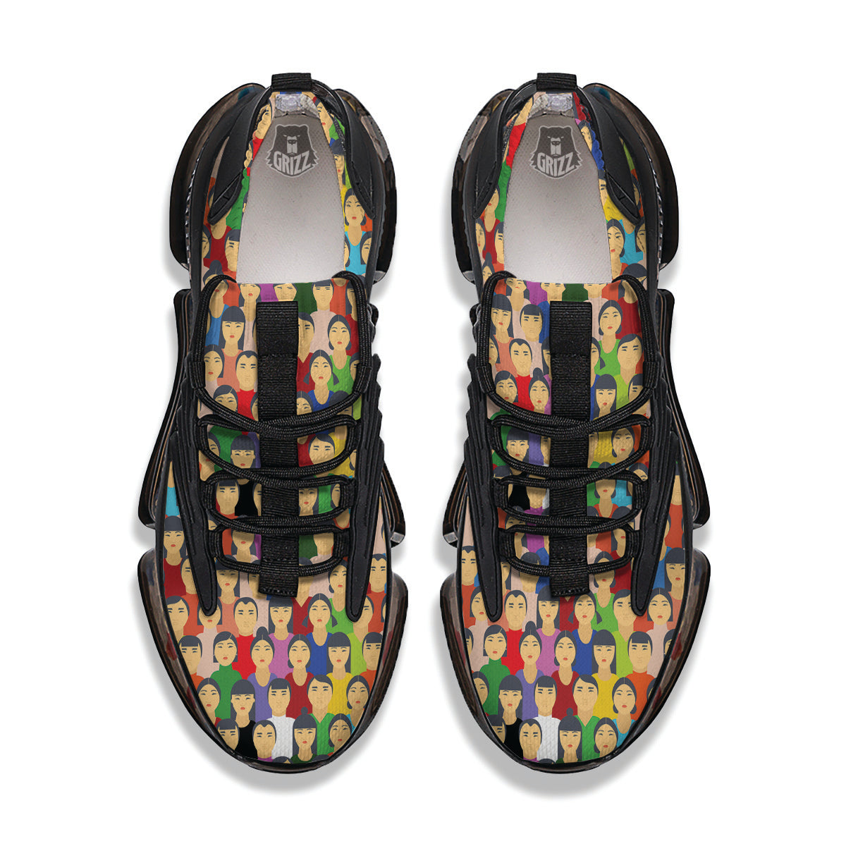 Chinese People Colorful Print Pattern Black Gym Shoes-grizzshop