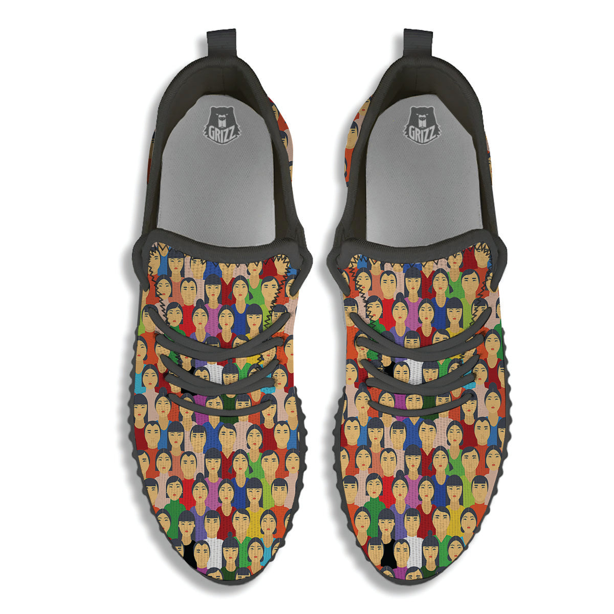 Chinese People Colorful Print Pattern Black Walking Shoes-grizzshop