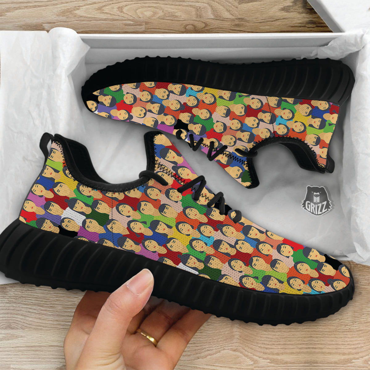 Chinese People Colorful Print Pattern Black Walking Shoes-grizzshop