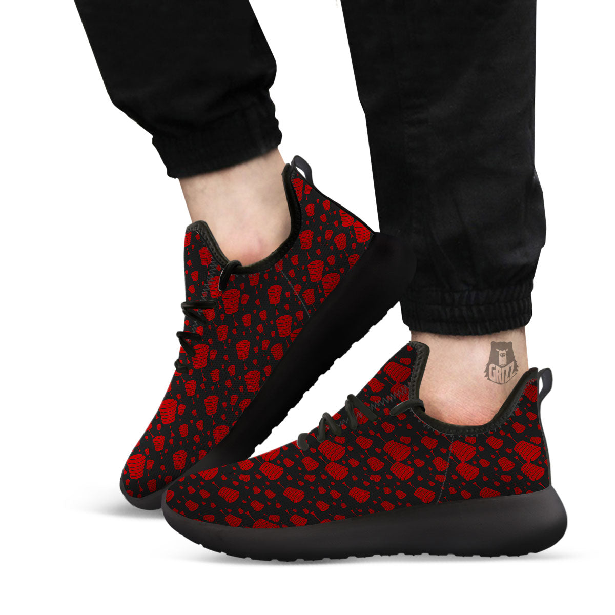 Chinese Red And Black Print Pattern Black Athletic Shoes-grizzshop