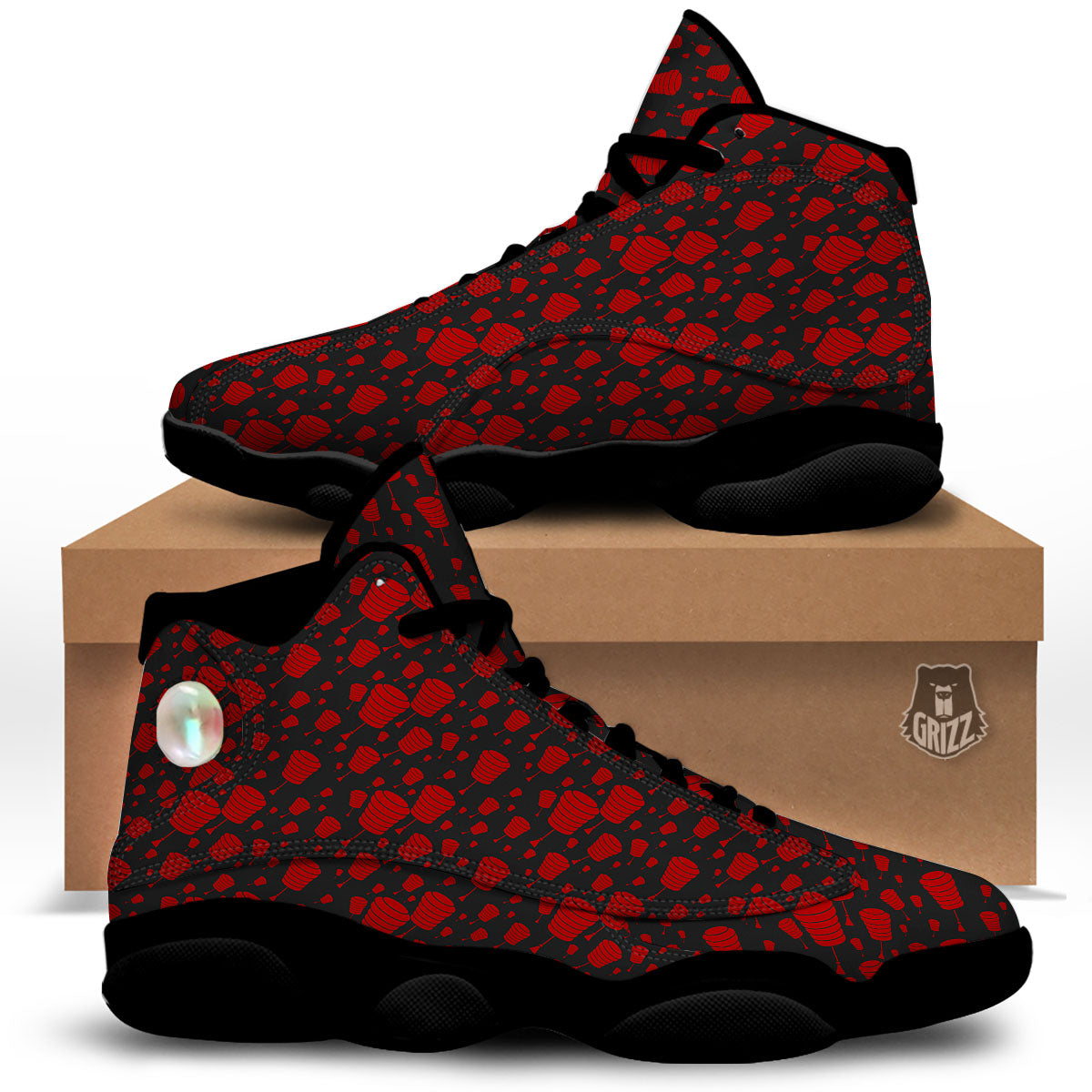 Chinese Red And Black Print Pattern Black Basketball Shoes-grizzshop