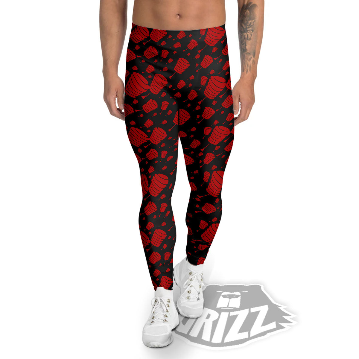 Chinese Red And Black Print Pattern Men's Leggings-grizzshop