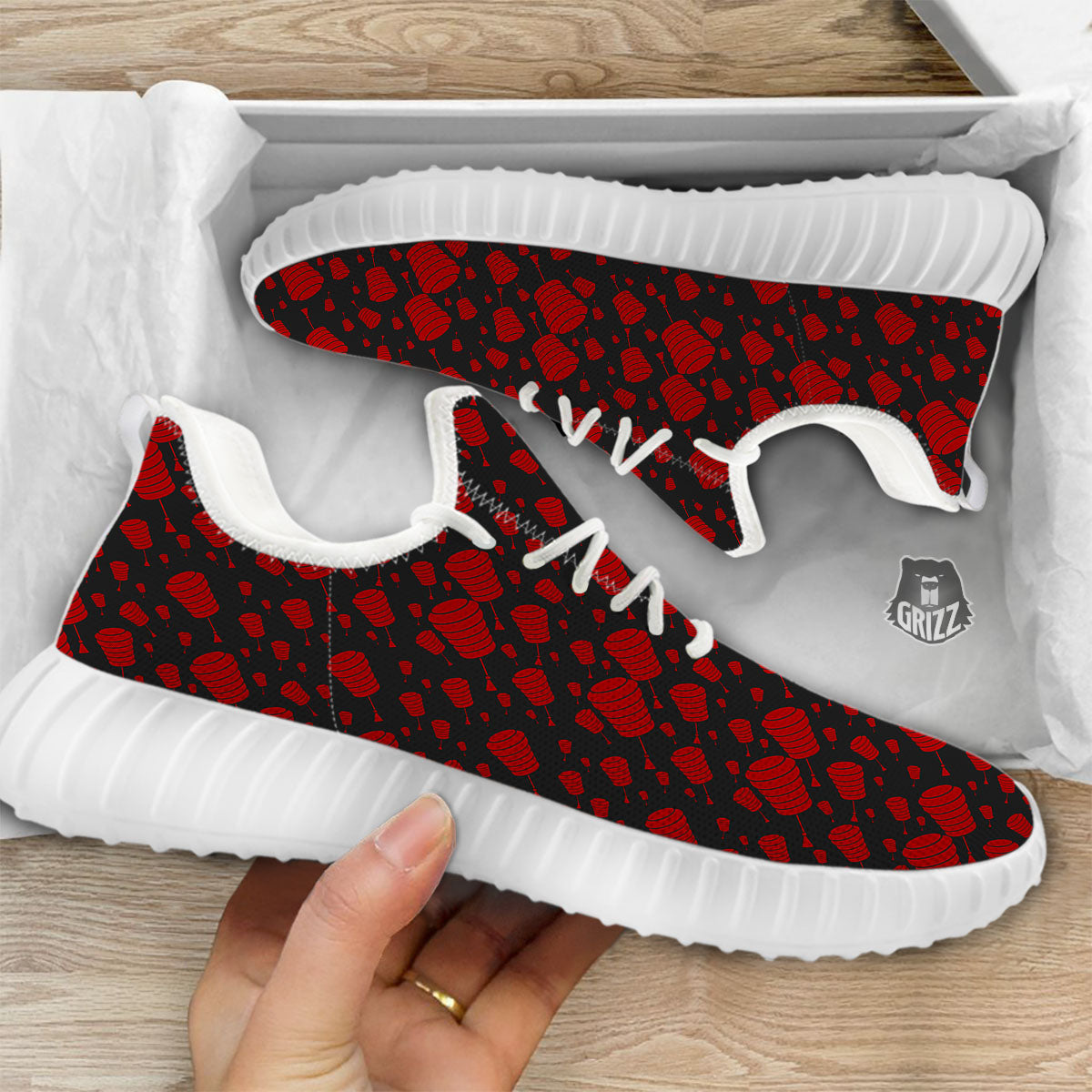 Chinese Red And Black Print Pattern White Walking Shoes-grizzshop