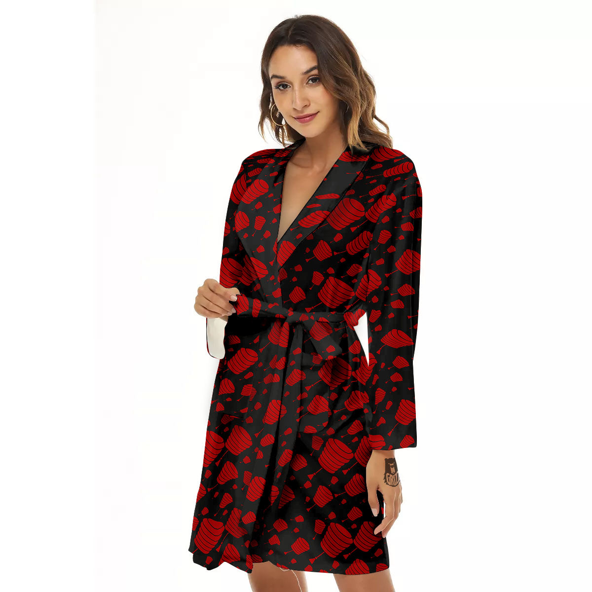 Chinese Red And Black Print Pattern Women's Robe-grizzshop