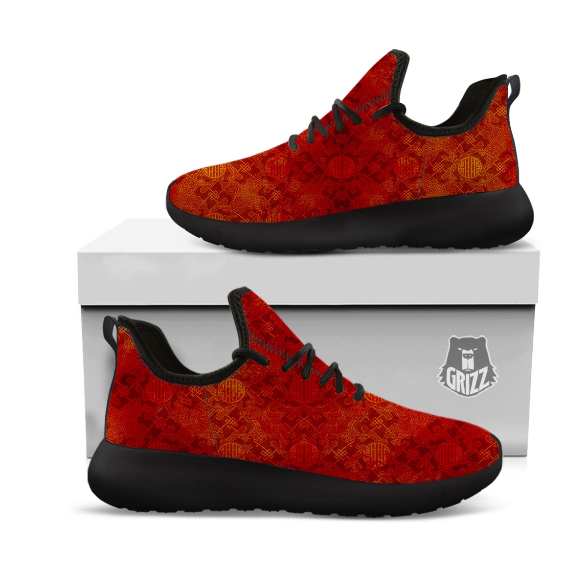 Chinese Red Print Pattern Black Athletic Shoes-grizzshop