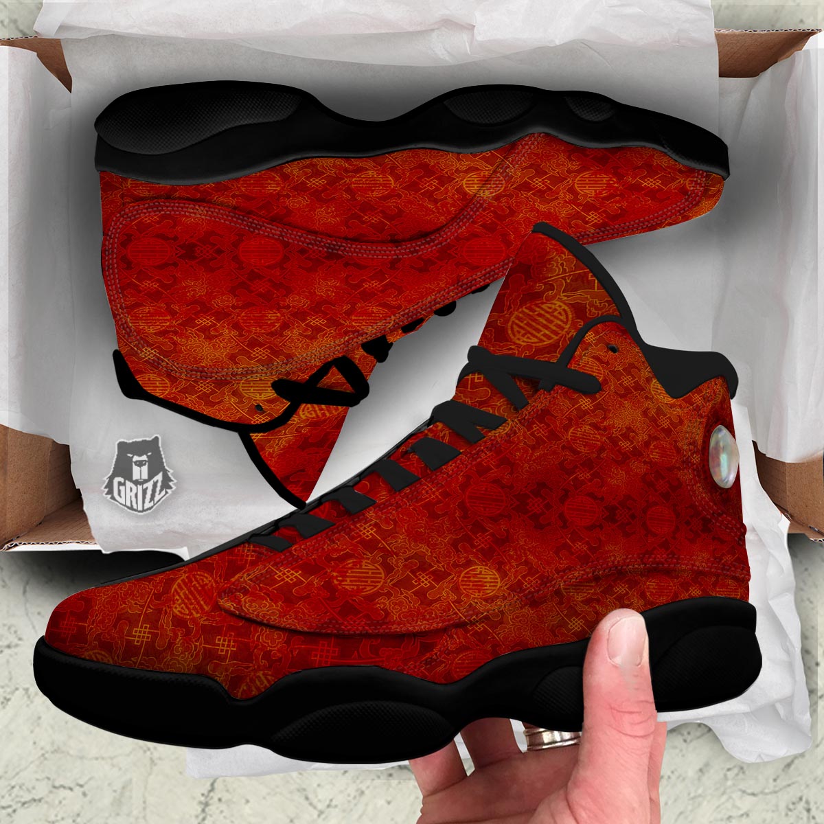 Chinese Red Print Pattern Black Basketball Shoes-grizzshop