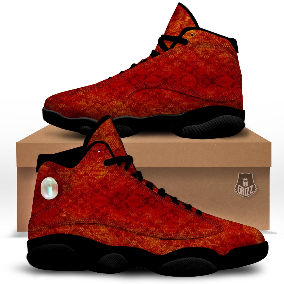 Chinese Red Print Pattern Black Basketball Shoes-grizzshop