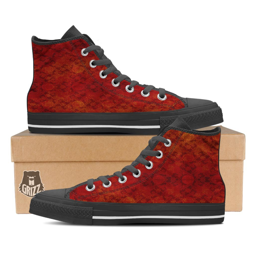 Chinese Red Print Pattern Black High Top Shoes-grizzshop