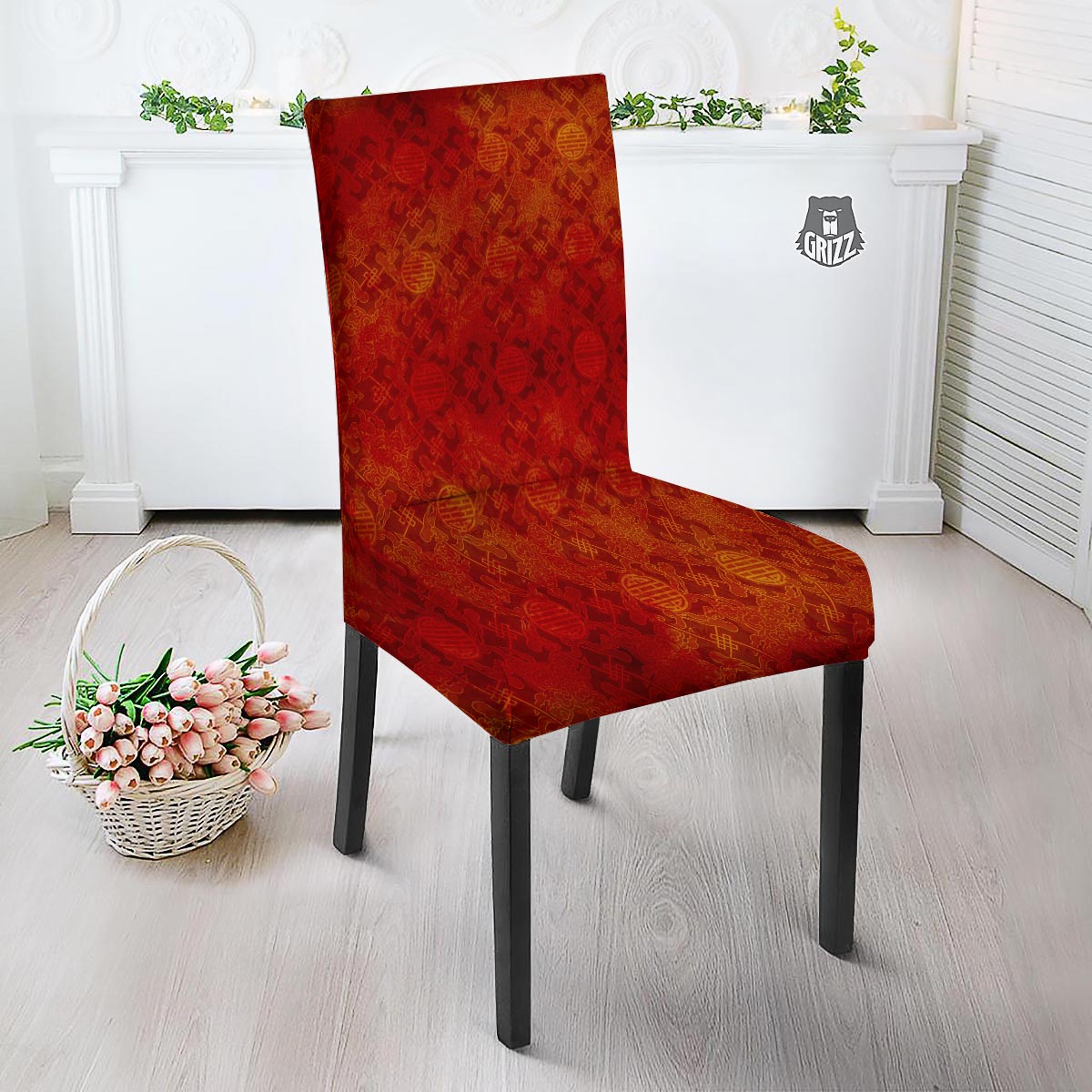 Chinese Red Print Pattern Dining Chair Slipcover-grizzshop