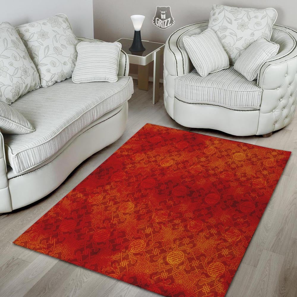 Chinese Red Print Pattern Floor Mat-grizzshop