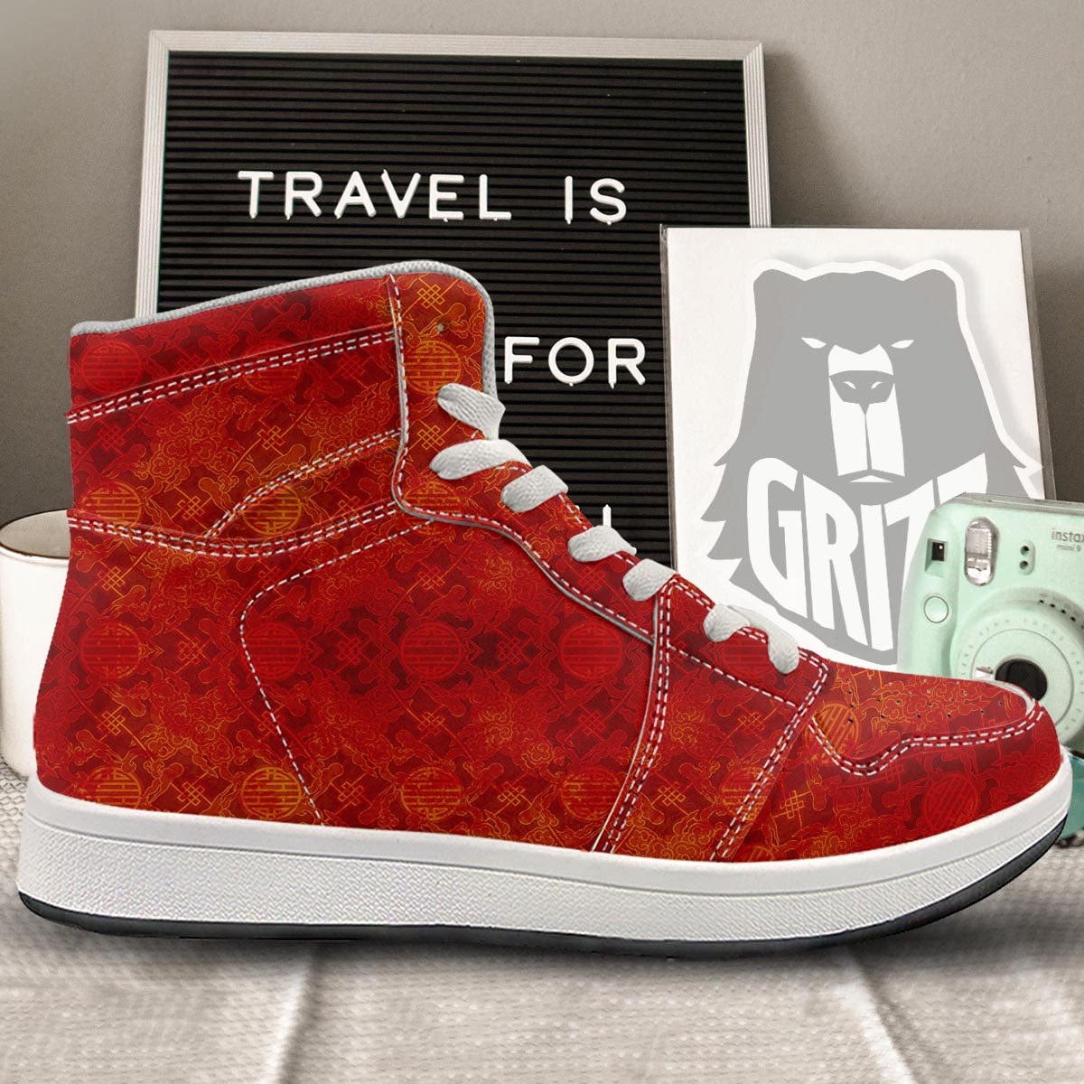 Chinese Red Print Pattern High Top Sneakers-grizzshop