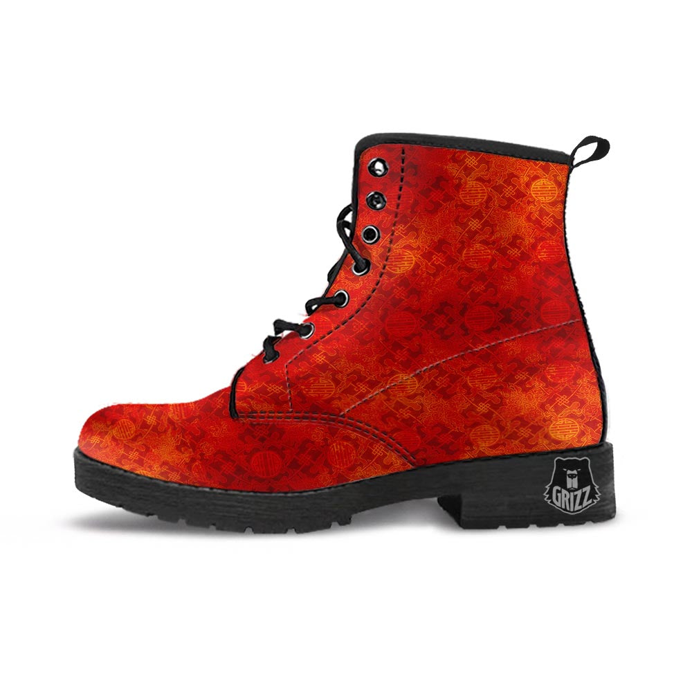 Chinese Red Print Pattern Leather Boots-grizzshop