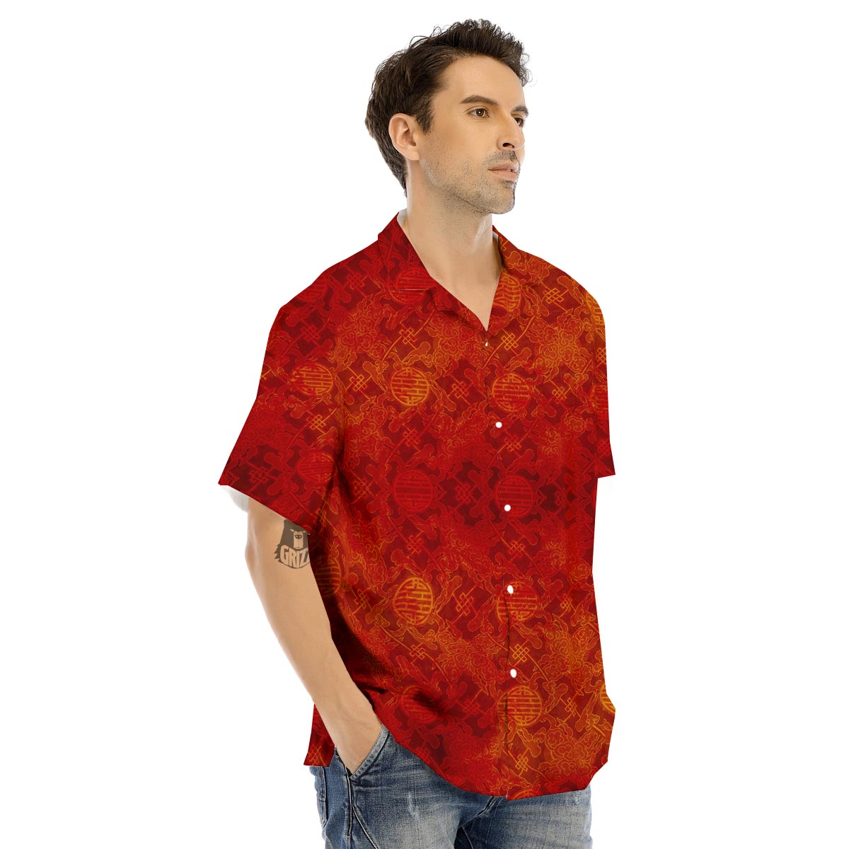 Chinese Red Print Pattern Men's Hawaiian Shirt-grizzshop