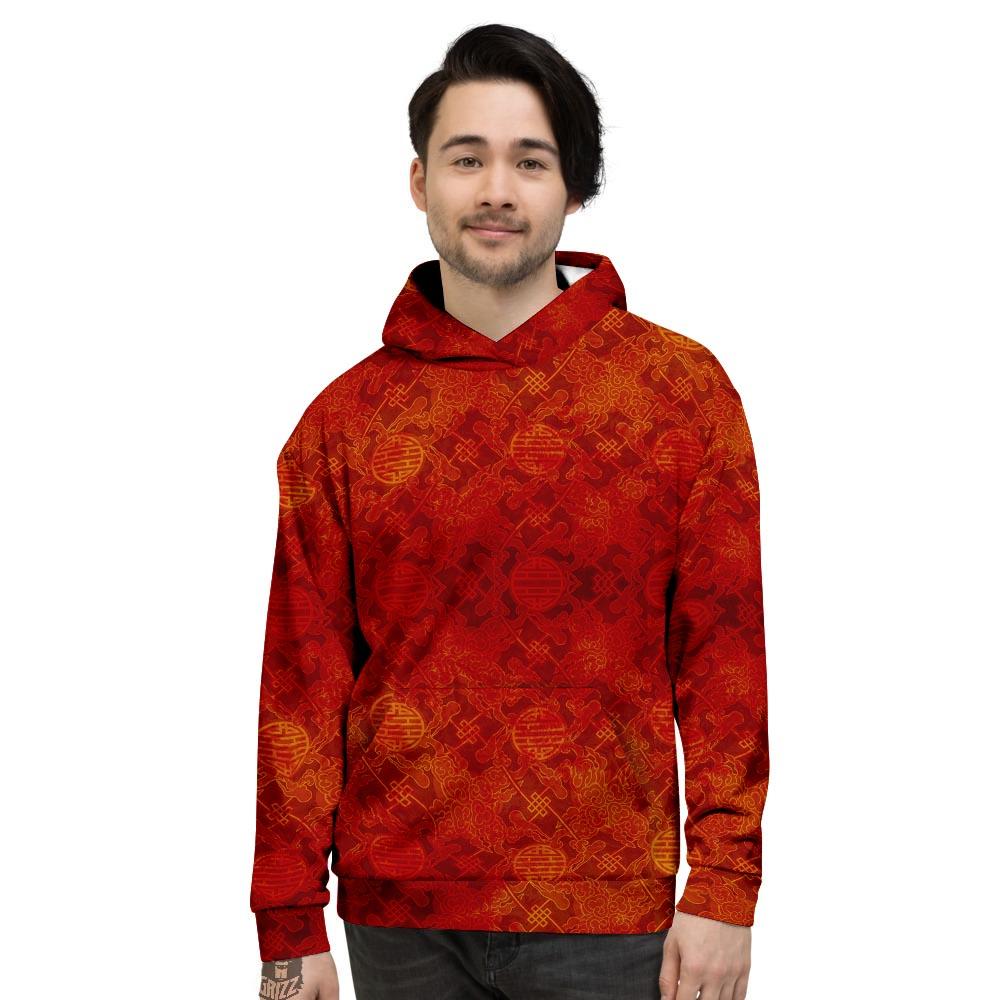 Chinese Red Print Pattern Men's Hoodie-grizzshop