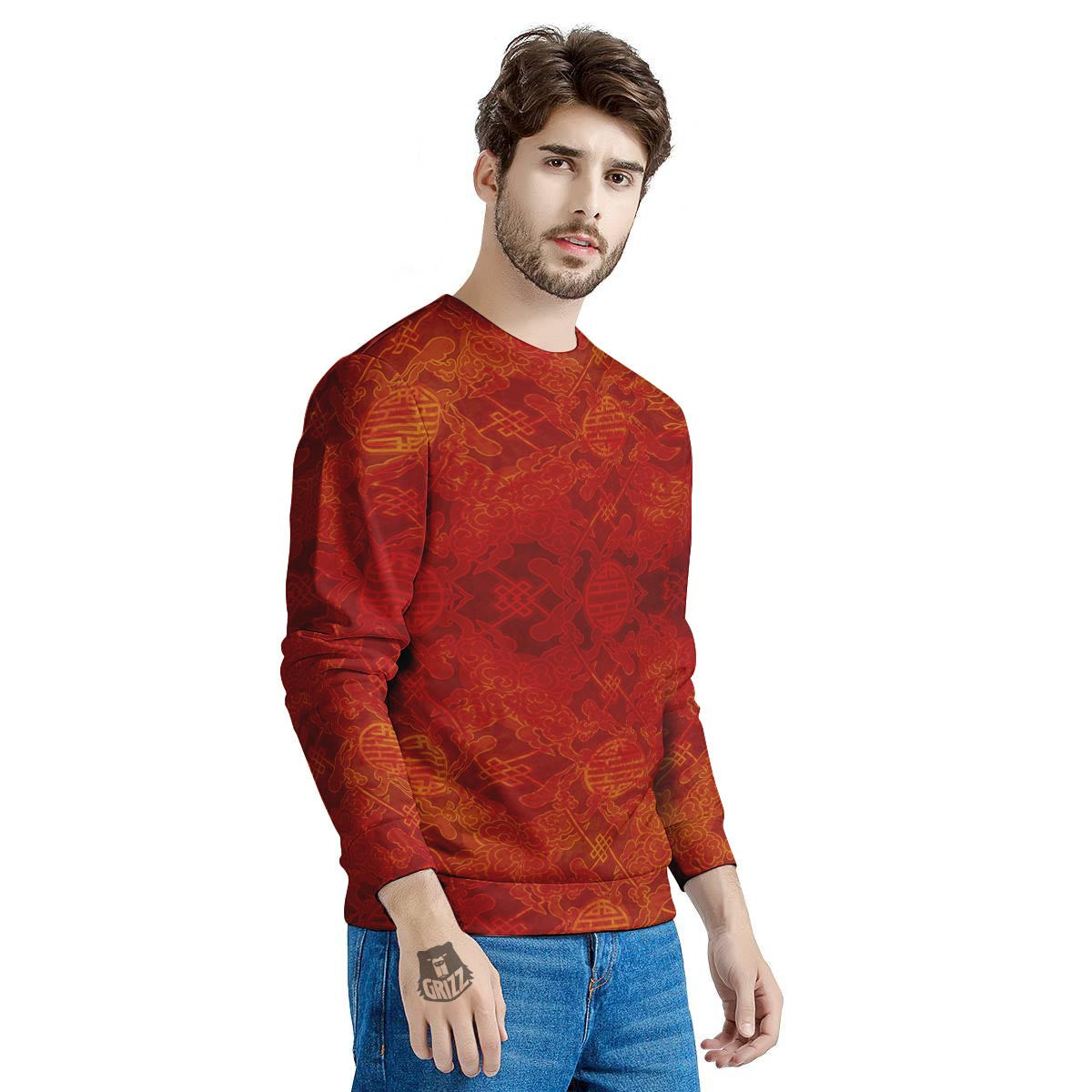 Chinese Red Print Pattern Men's Sweatshirt-grizzshop