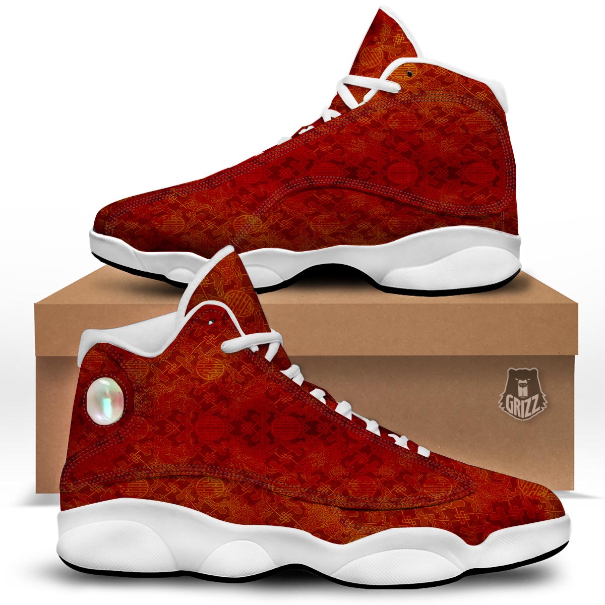 Chinese Red Print Pattern White Basketball Shoes-grizzshop