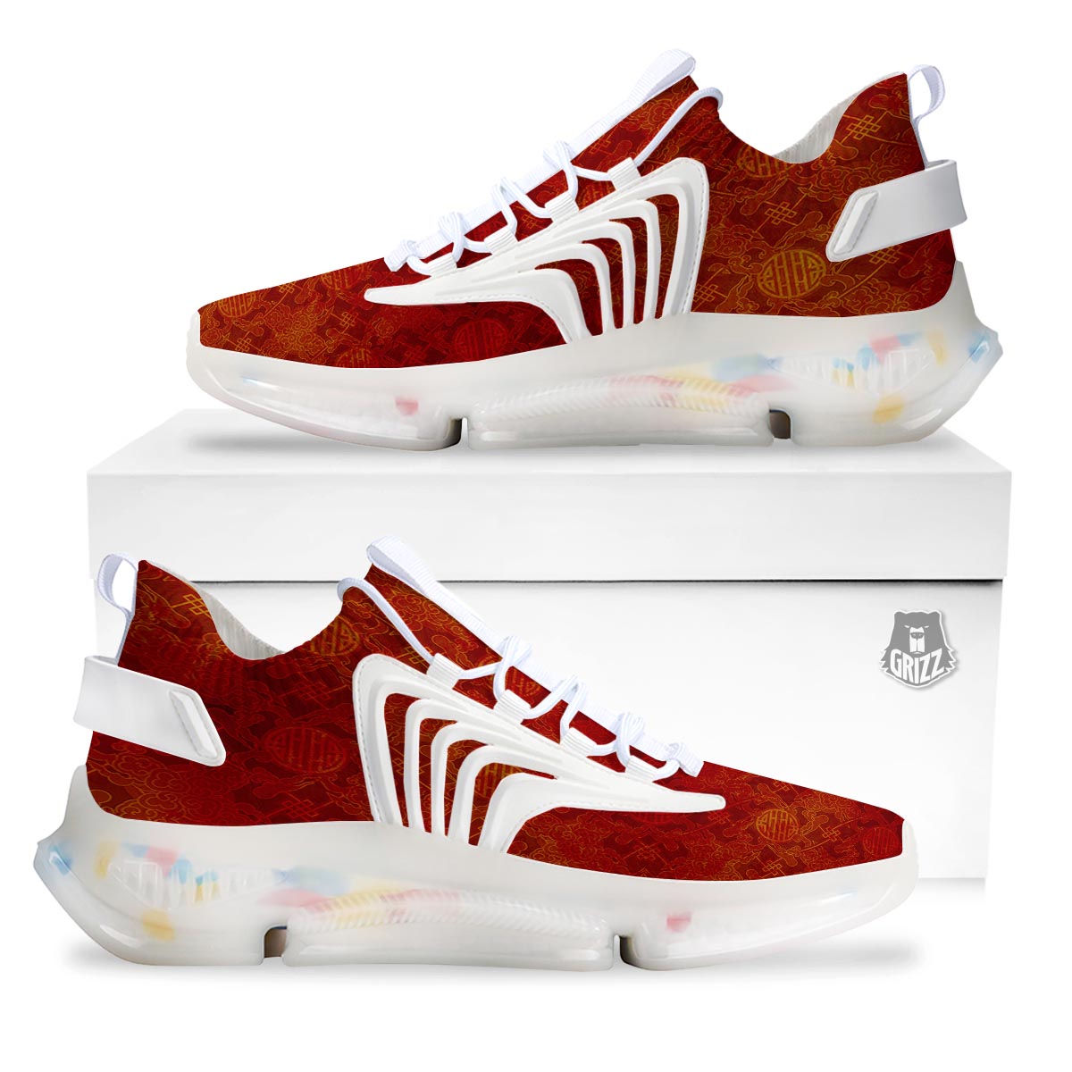 Chinese Red Print Pattern White Gym Shoes-grizzshop