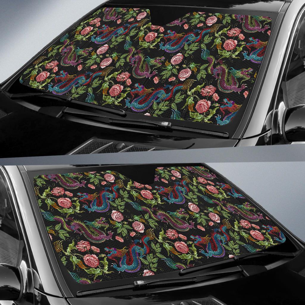 Chinese Rose Dragon Pattern Print Car Sun Shade-grizzshop