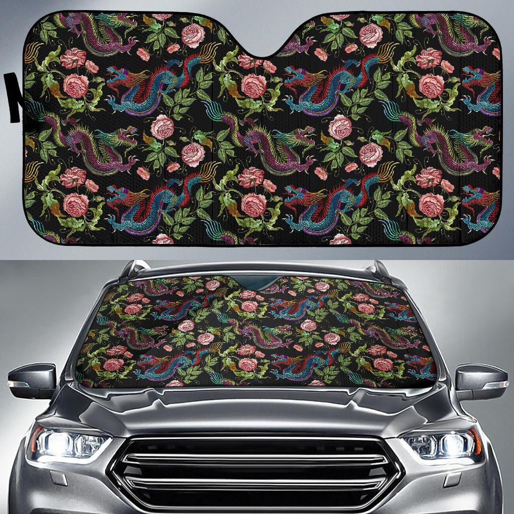 Chinese Rose Dragon Pattern Print Car Sun Shade-grizzshop
