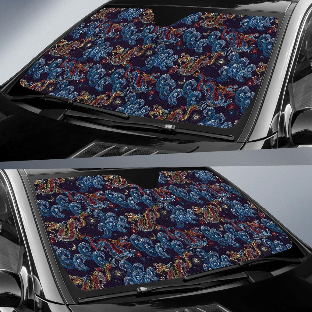 Chinese Wave Dragon Pattern Print Car Sun Shade-grizzshop