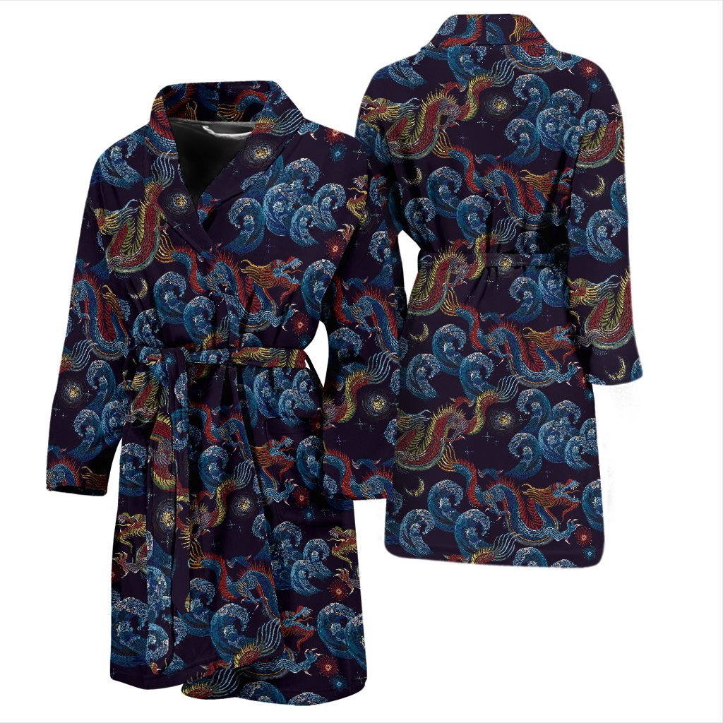 Chinese Wave Dragon Pattern Print Men Long Robe-grizzshop