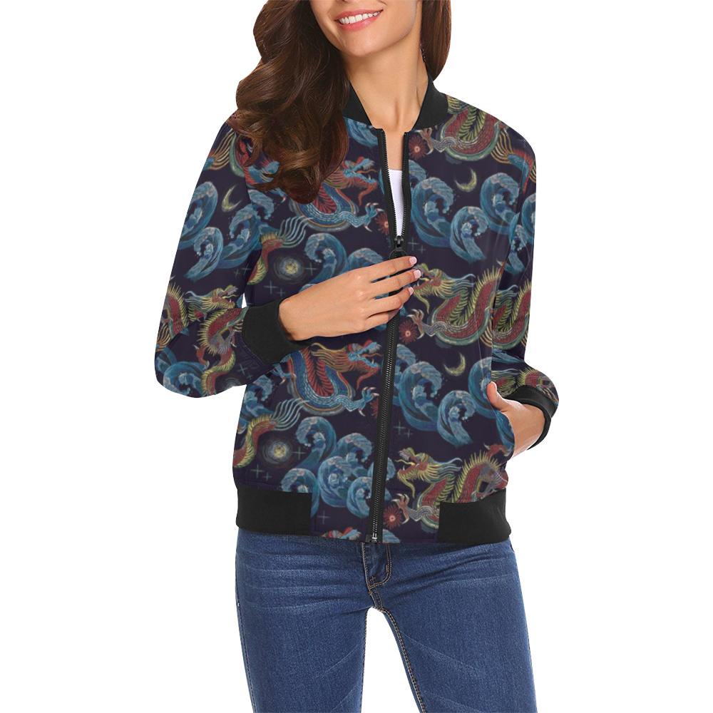 Chinese Wave Dragon Pattern Print Women Casual Bomber Jacket-grizzshop