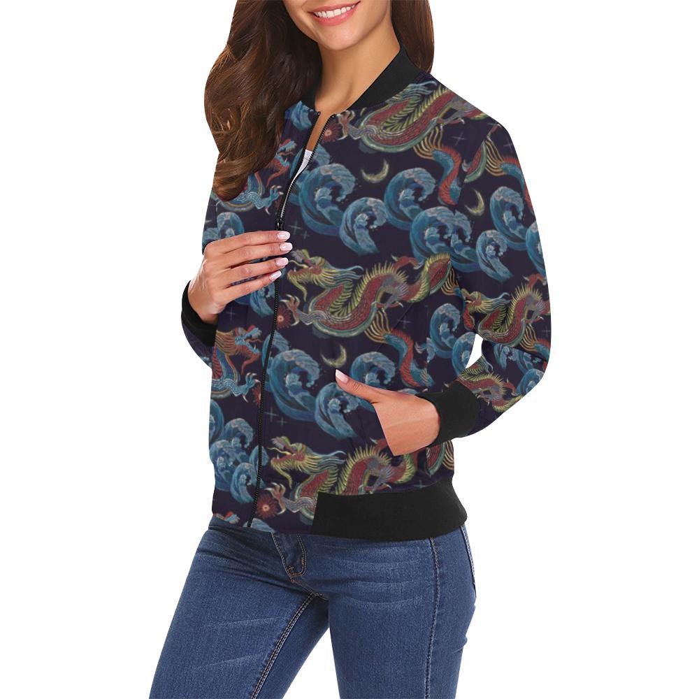 Chinese Wave Dragon Pattern Print Women Casual Bomber Jacket-grizzshop