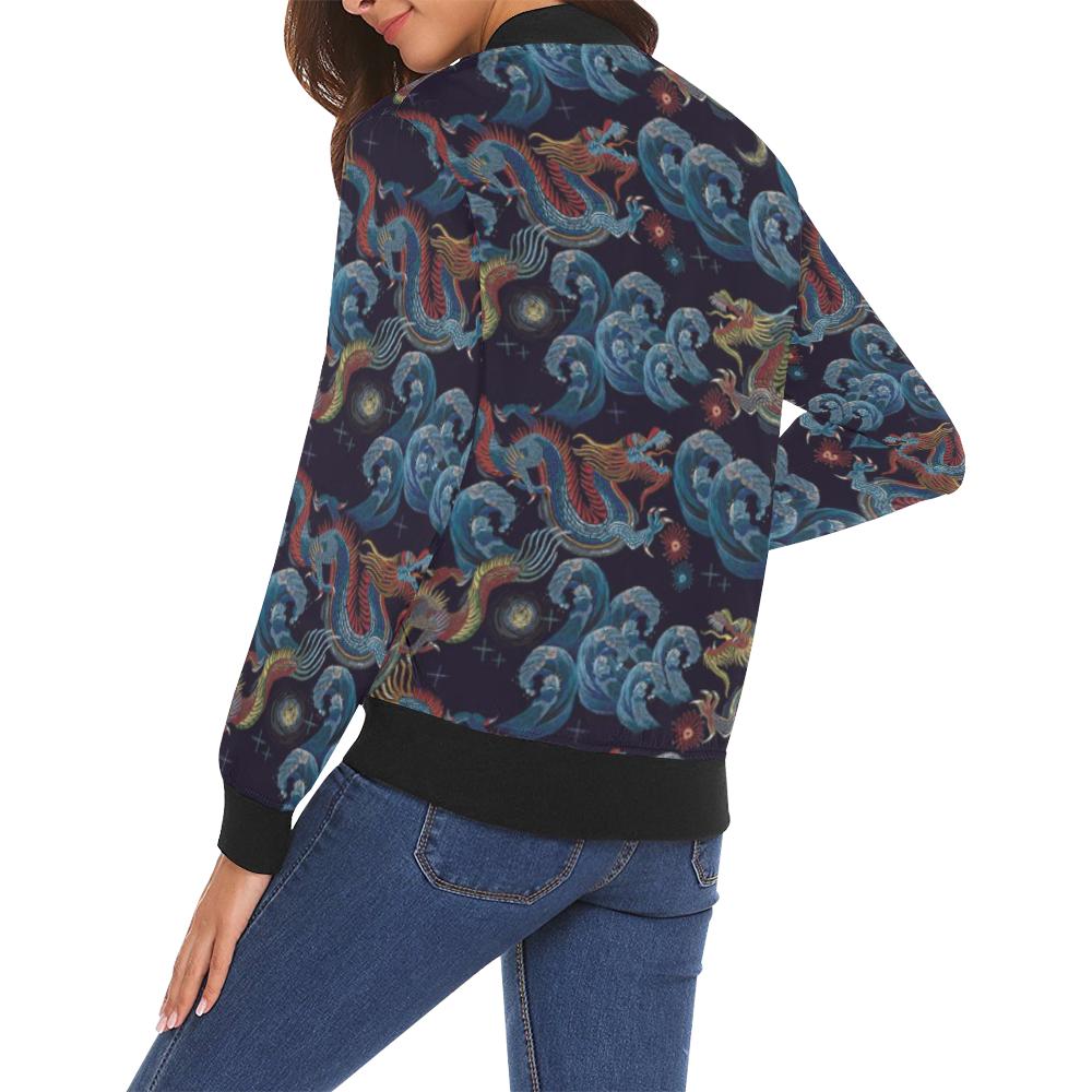 Chinese Wave Dragon Pattern Print Women Casual Bomber Jacket-grizzshop