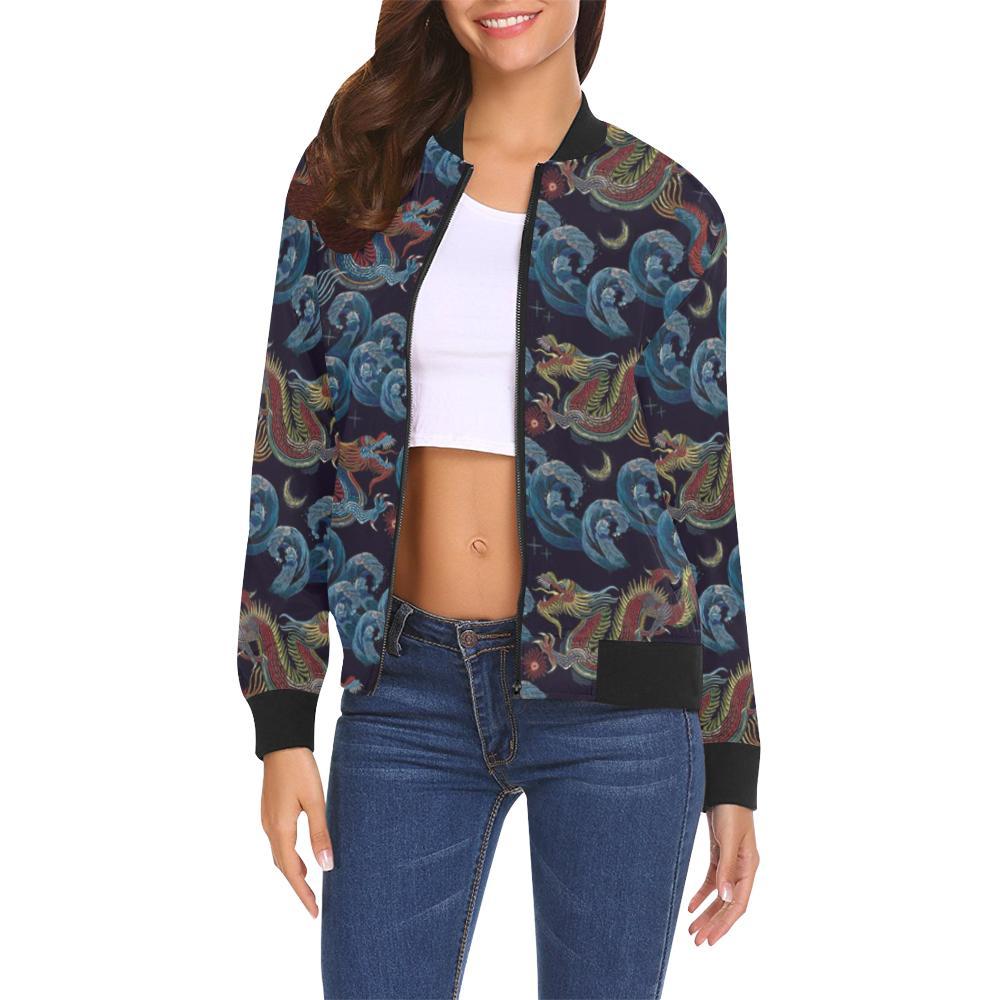 Chinese Wave Dragon Pattern Print Women Casual Bomber Jacket-grizzshop