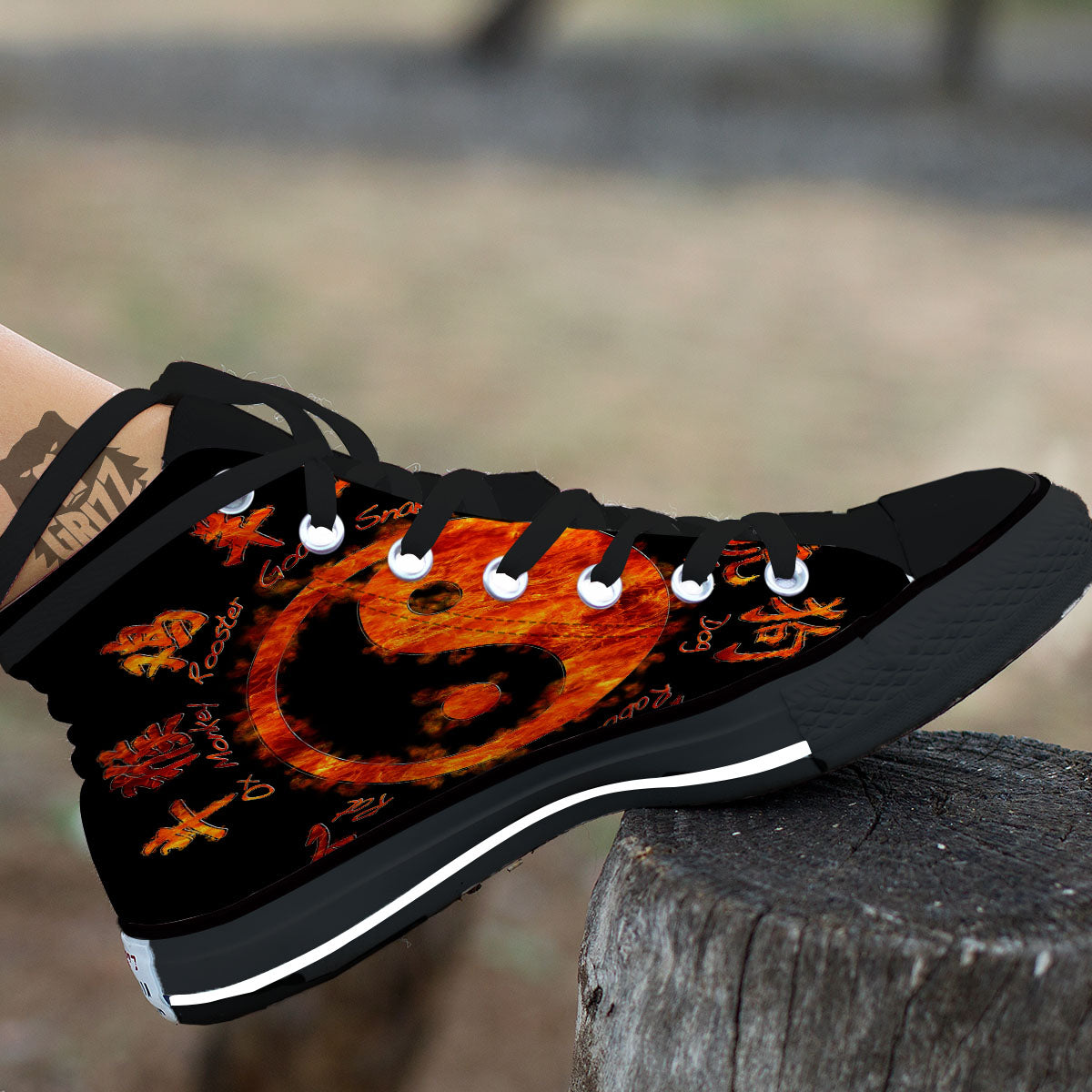 Chinese Zodiac Fire Yin Yang Print Black High Top Shoes-grizzshop