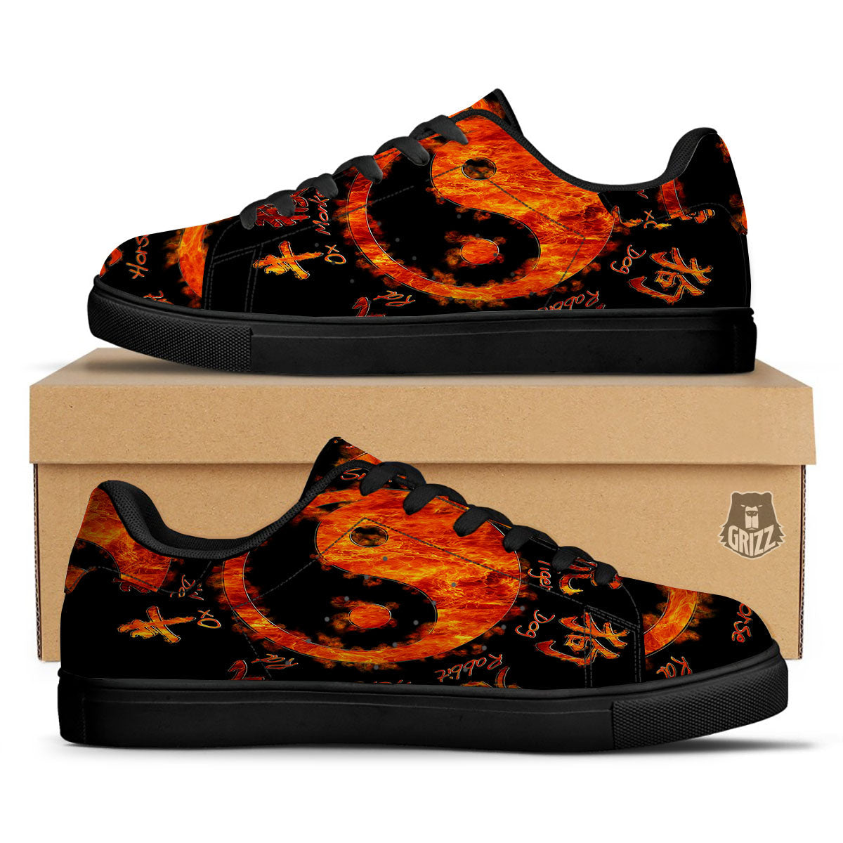 Chinese Zodiac Fire Yin Yang Print Black Low Top Sneakers-grizzshop