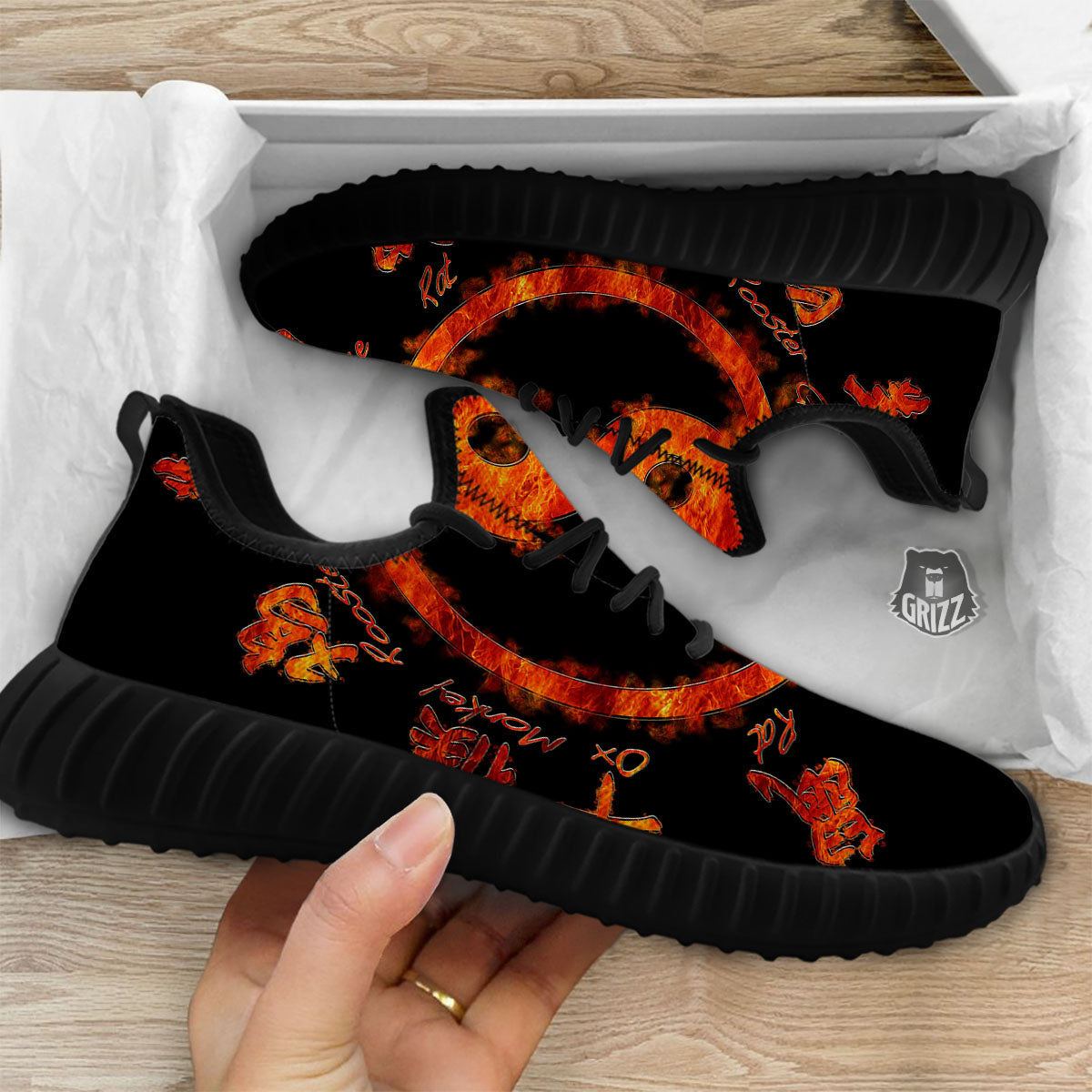 Chinese Zodiac Fire Yin Yang Print Black Walking Shoes-grizzshop