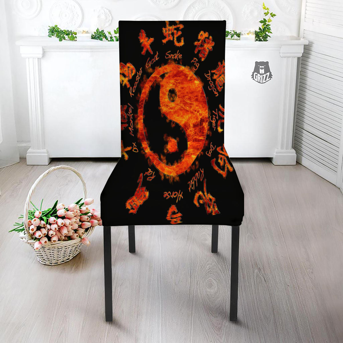 Chinese Zodiac Fire Yin Yang Print Dining Chair Slipcover-grizzshop