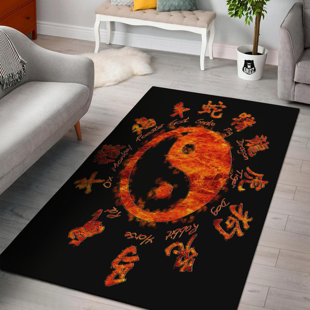 Chinese Zodiac Fire Yin Yang Print Floor Mat-grizzshop