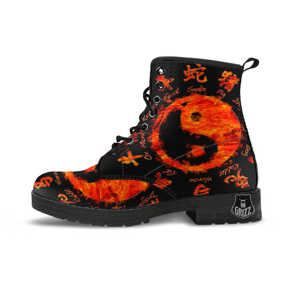 Chinese Zodiac Fire Yin Yang Print Leather Boots-grizzshop