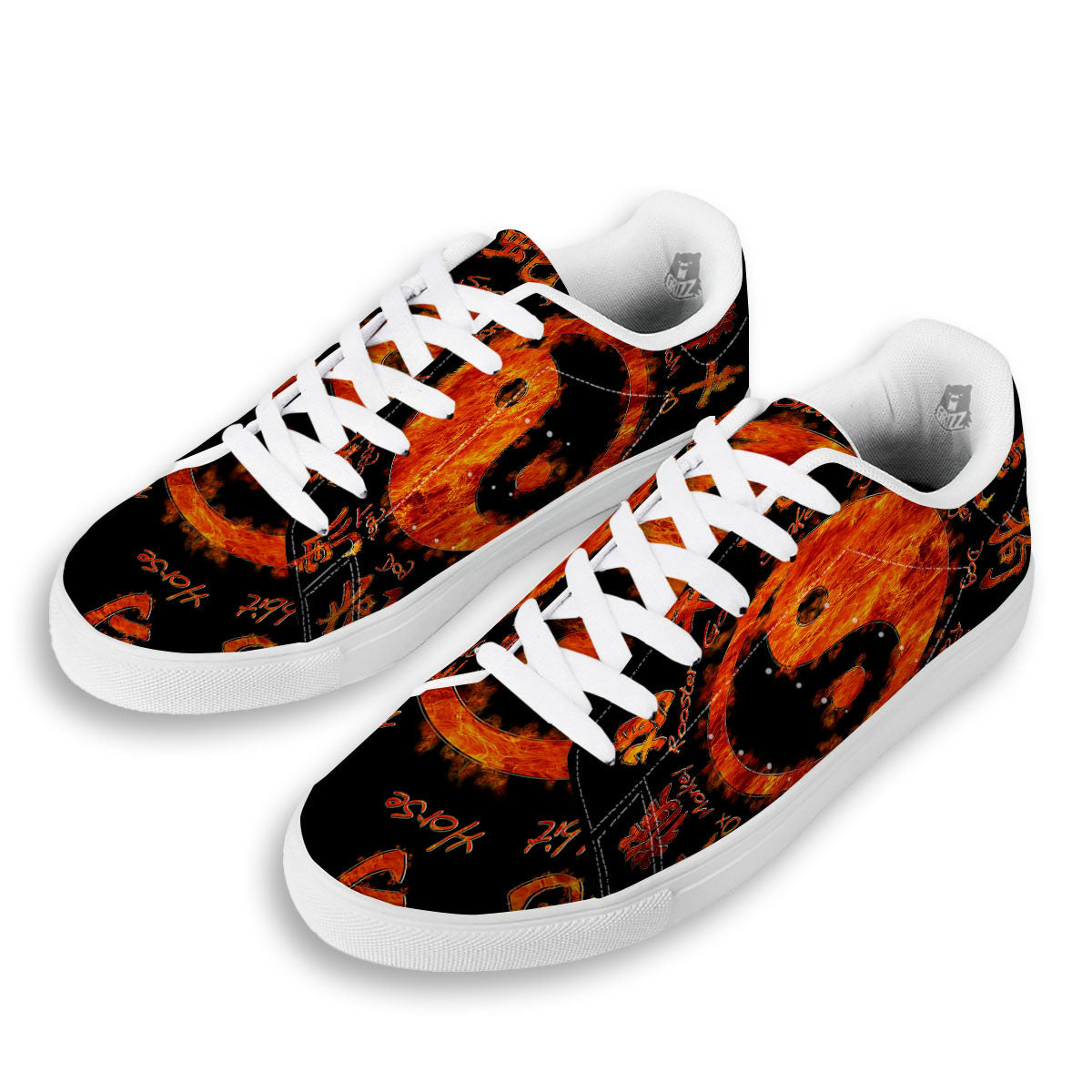 Chinese Zodiac Fire Yin Yang Print White Low Top Sneakers-grizzshop