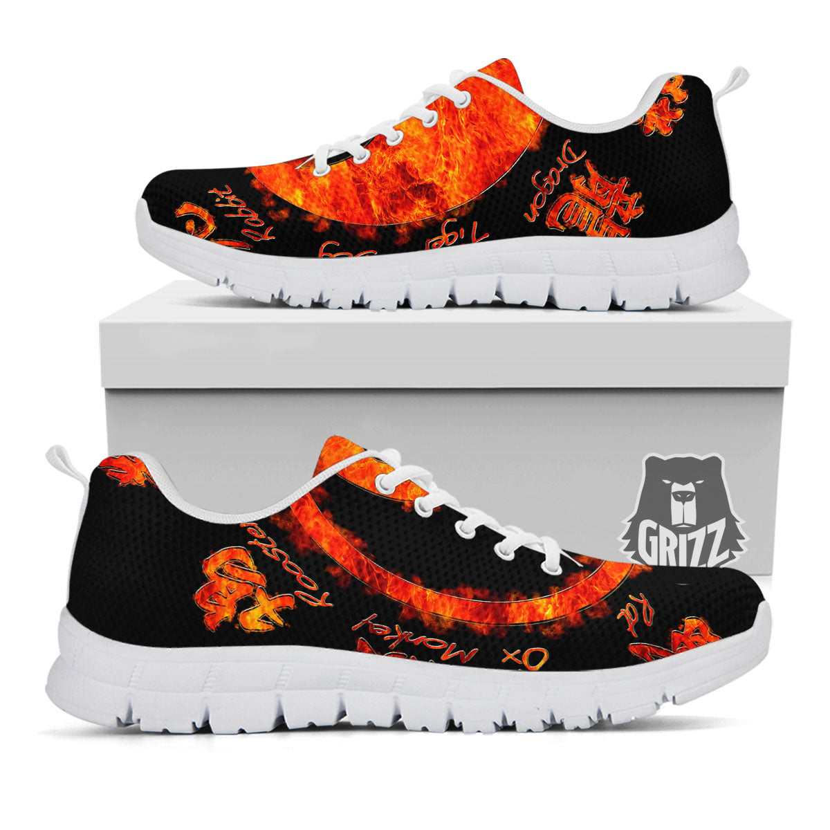 Chinese Zodiac Fire Yin Yang Print White Sneaker-grizzshop