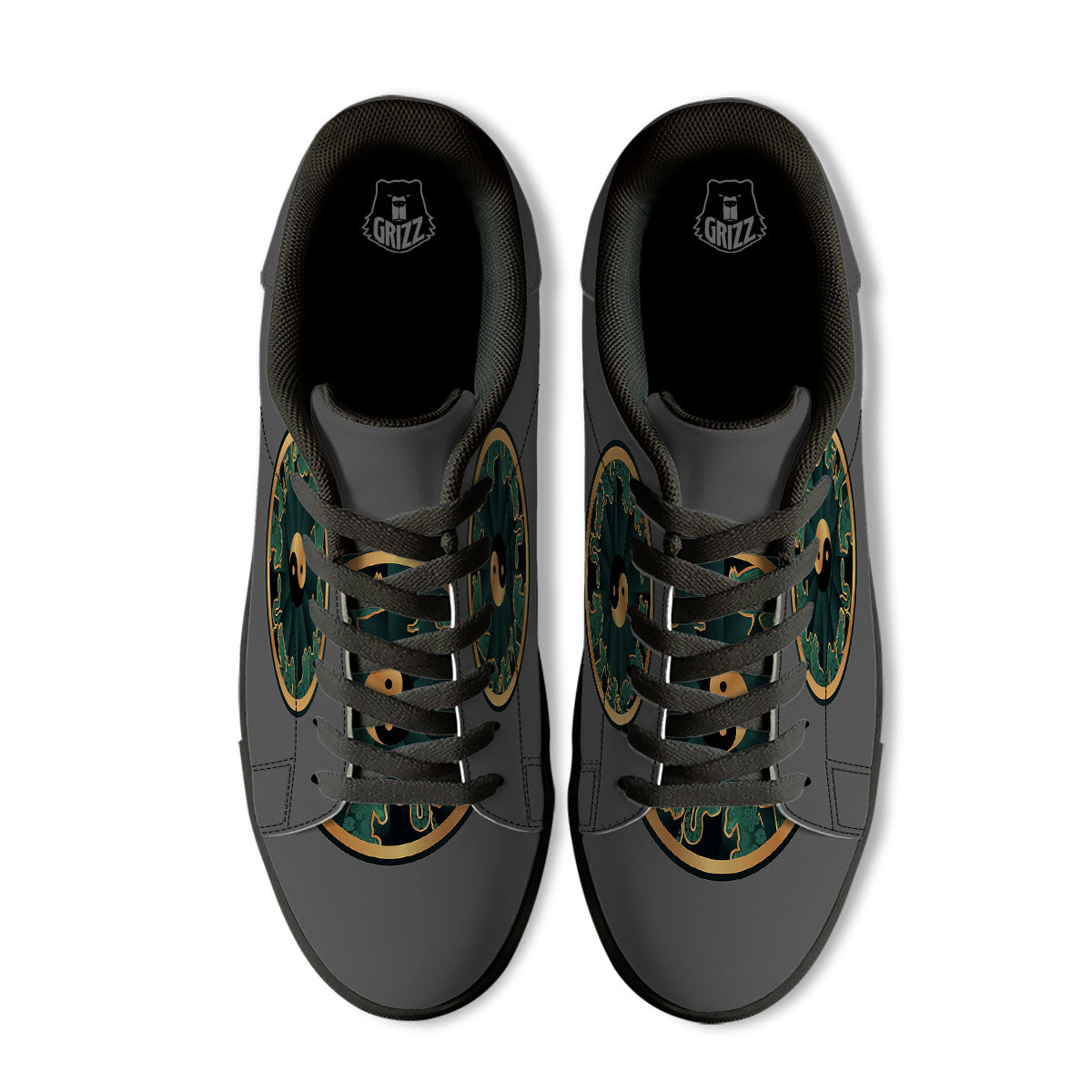 Chinese Zodiac Gold And Green Print Black Low Top Sneakers-grizzshop
