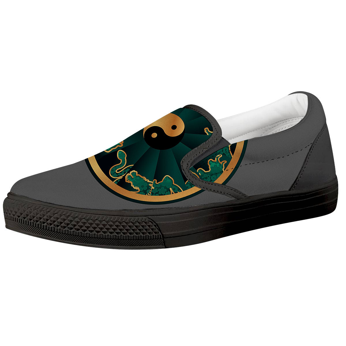 Chinese Zodiac Gold And Green Print Black Slip On Shoes-grizzshop