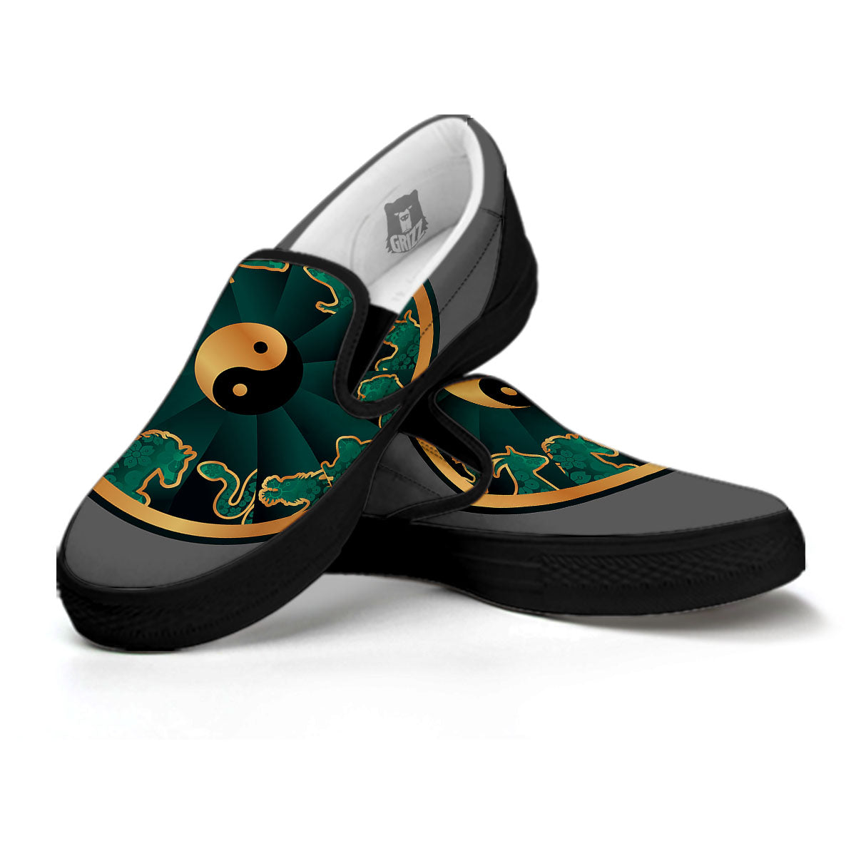 Chinese Zodiac Gold And Green Print Black Slip On Shoes-grizzshop