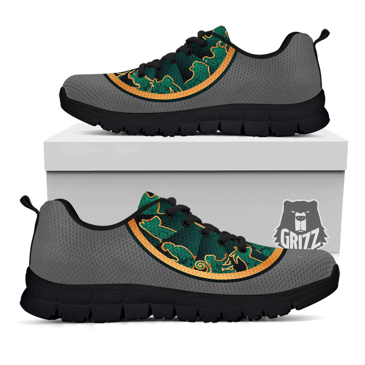 Chinese Zodiac Gold And Green Print Black Sneaker-grizzshop