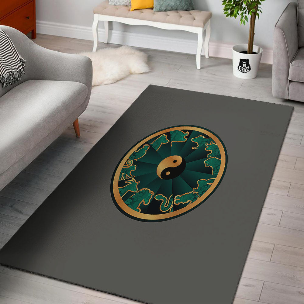 Chinese Zodiac Gold And Green Print Floor Mat-grizzshop